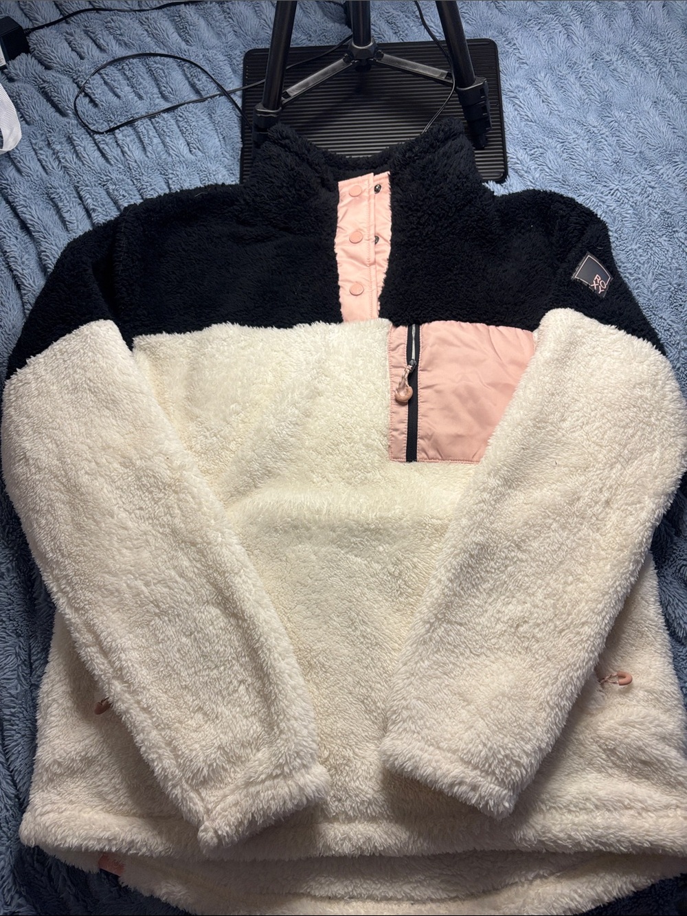 Roxy Black Sherpa Pullover with Pink Trim